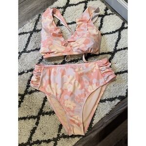 Cupshe Plus Size 2 Piece High Waisted Swimsuit 1x Cream Peach Yellow Floral Nwt